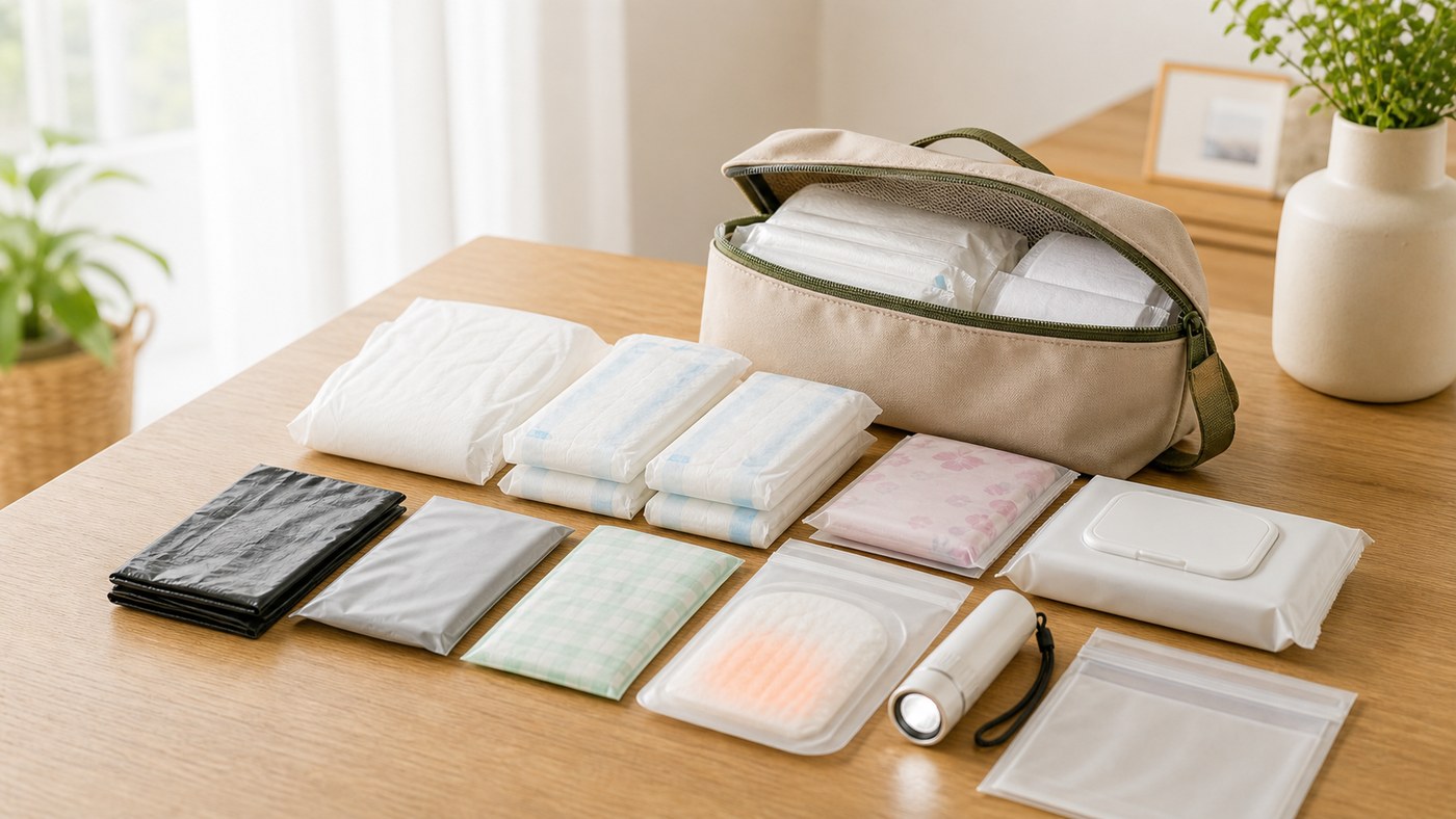 災害用の生理用品と防災ポーチを清潔に備えるイメージ