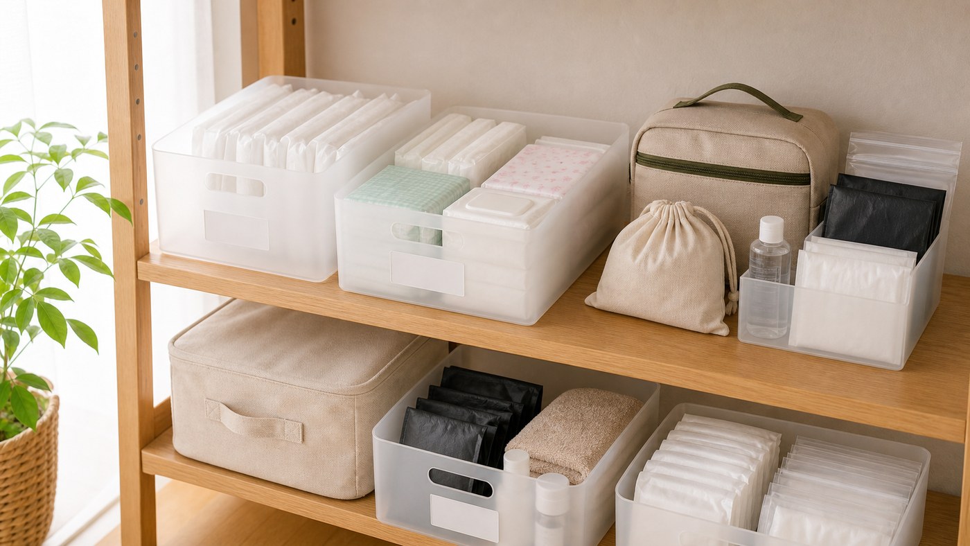自宅の収納棚に生理用品を備蓄するイメージ