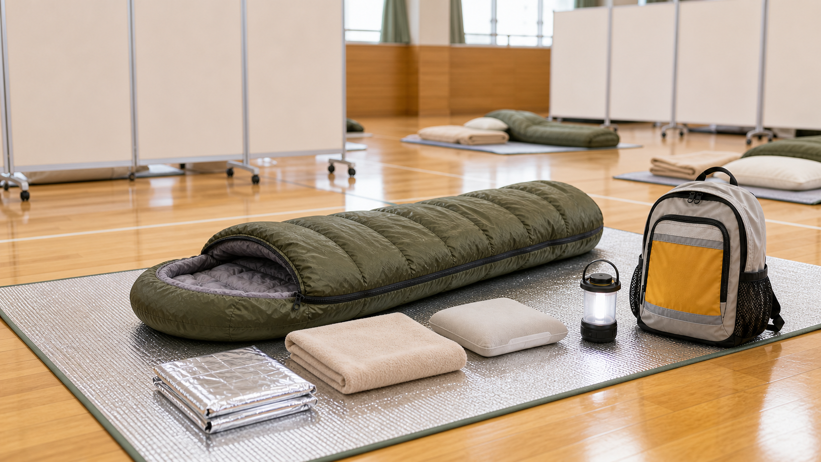 避難所で使う防災用寝袋と断熱マットの備え