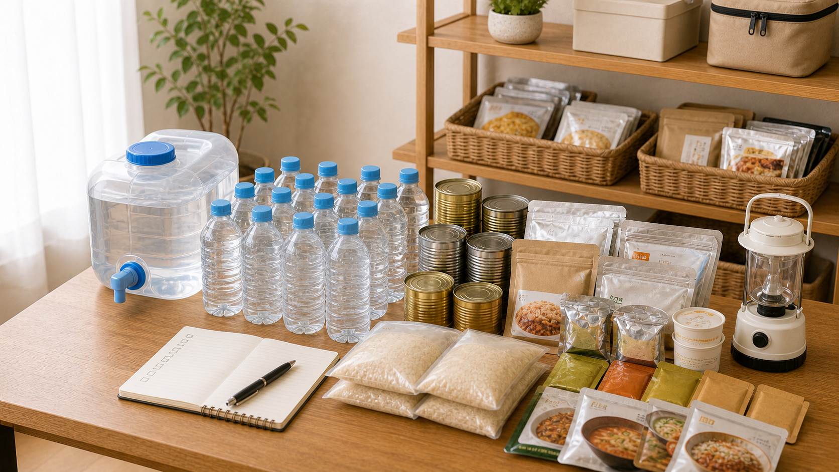 水や保存食を並べて災害備蓄の量を確認している家庭の備蓄品