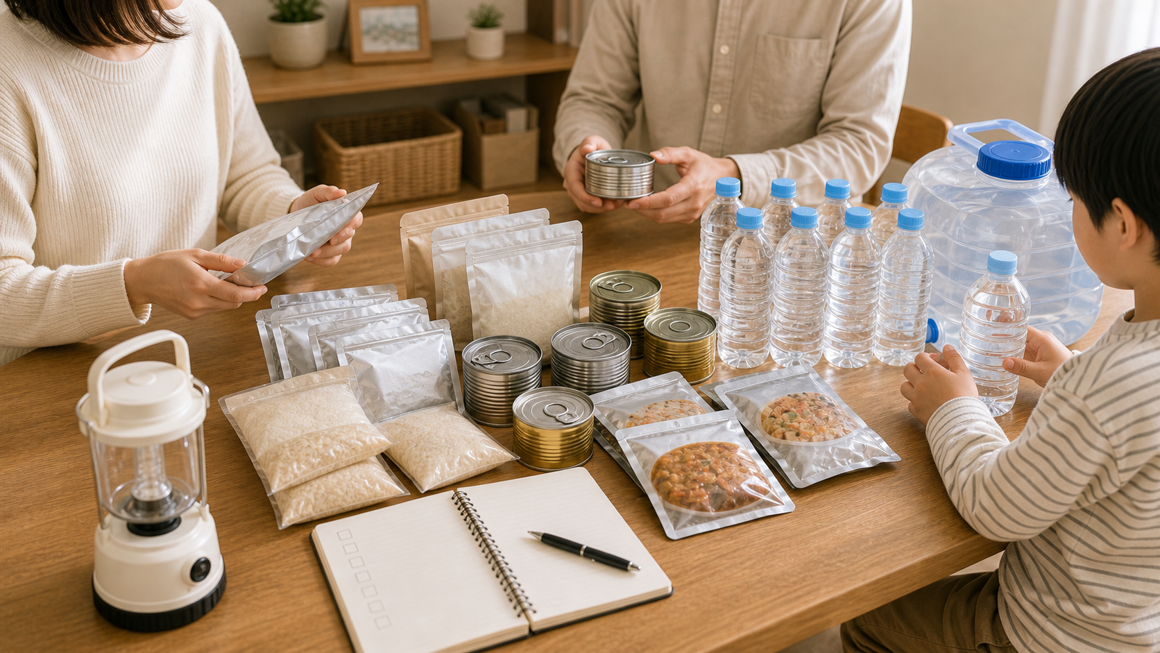 家族で水や食料などの災害備蓄品を確認している様子