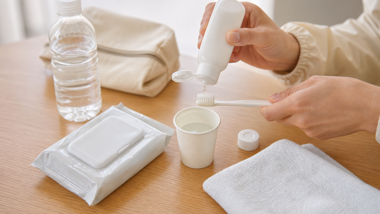 災害時の歯磨き用品を準備する様子