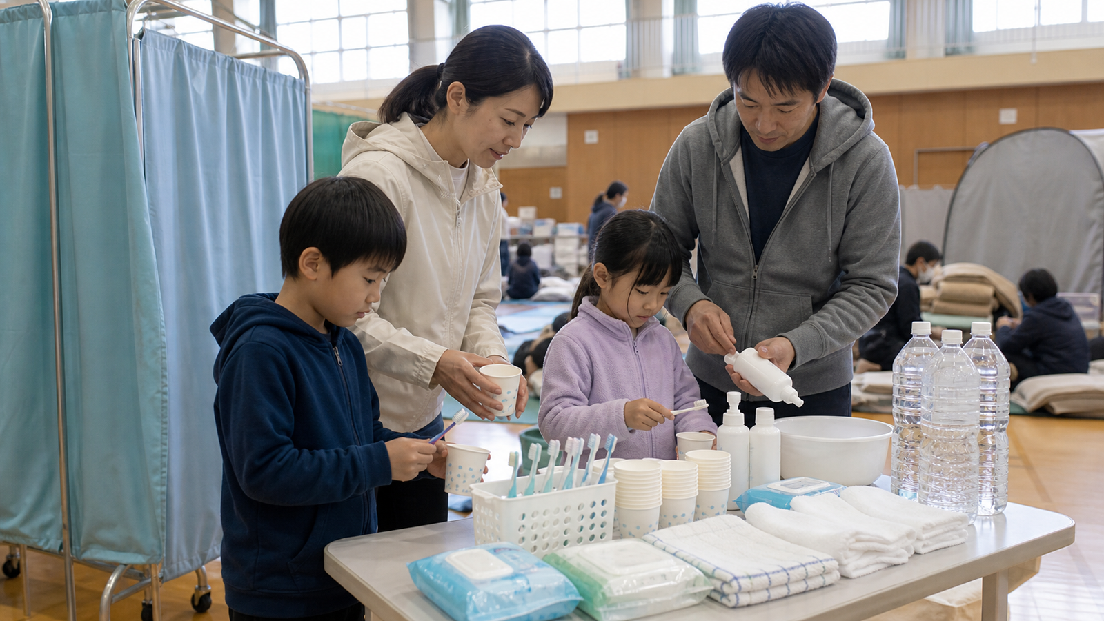 液体歯磨きと歯ブラシを確認する様子