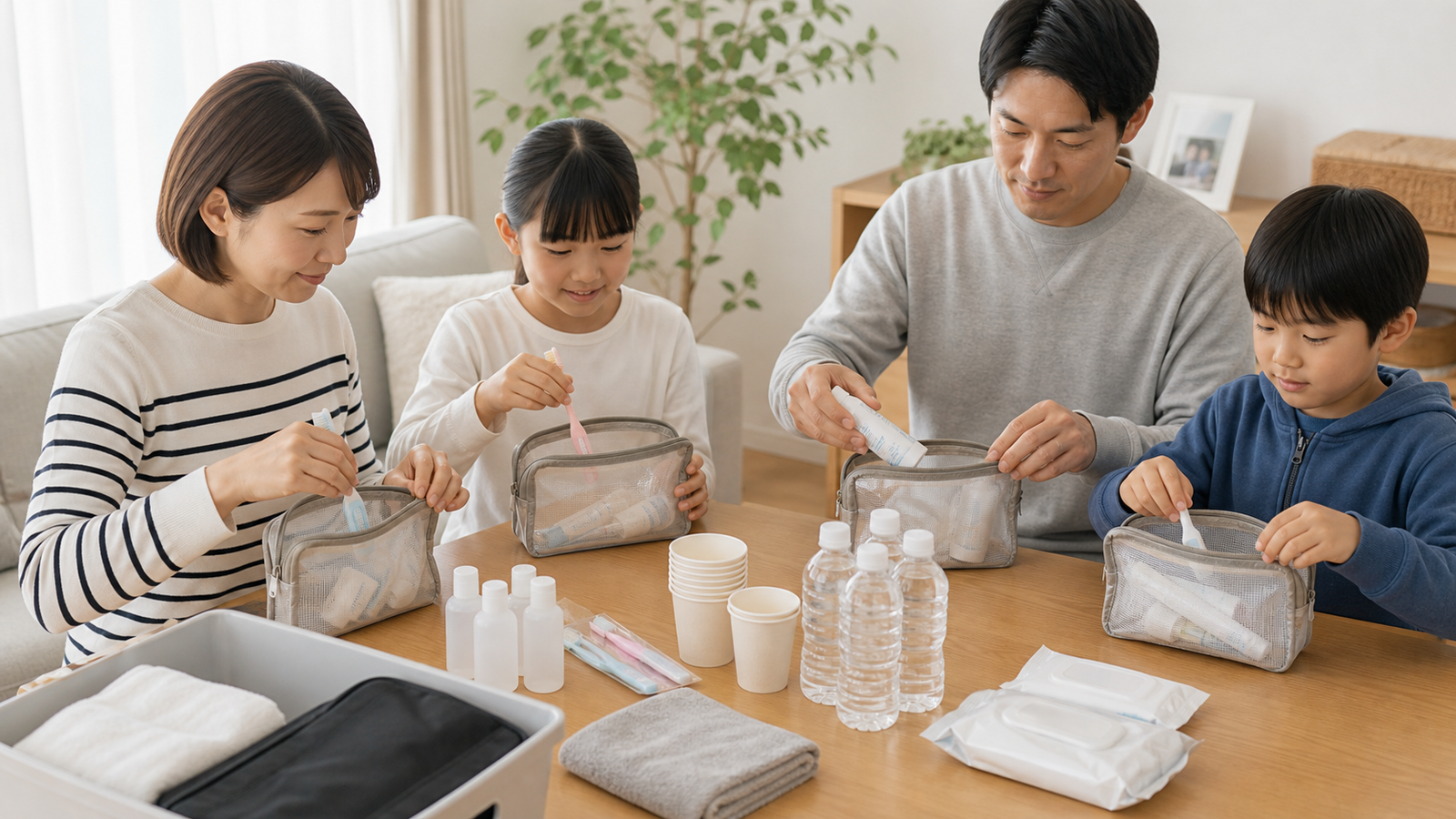少量の水と液体歯磨きで災害時の歯磨きを準備する様子