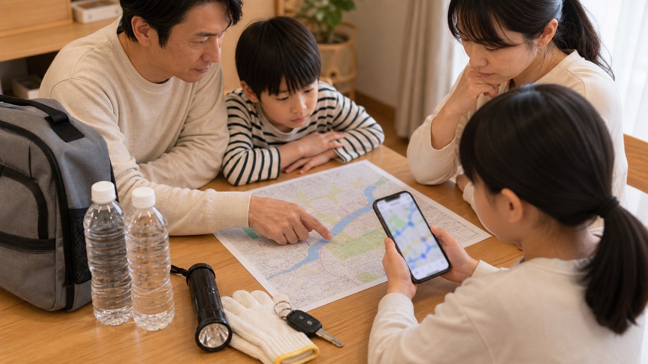 災害時の交通規制と避難判断のイメージ