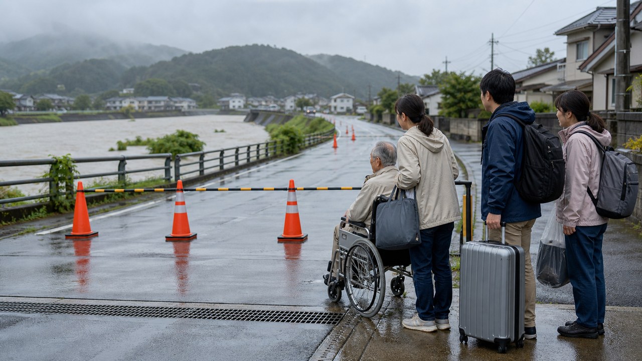 災害時の交通規制と避難判断のイメージ