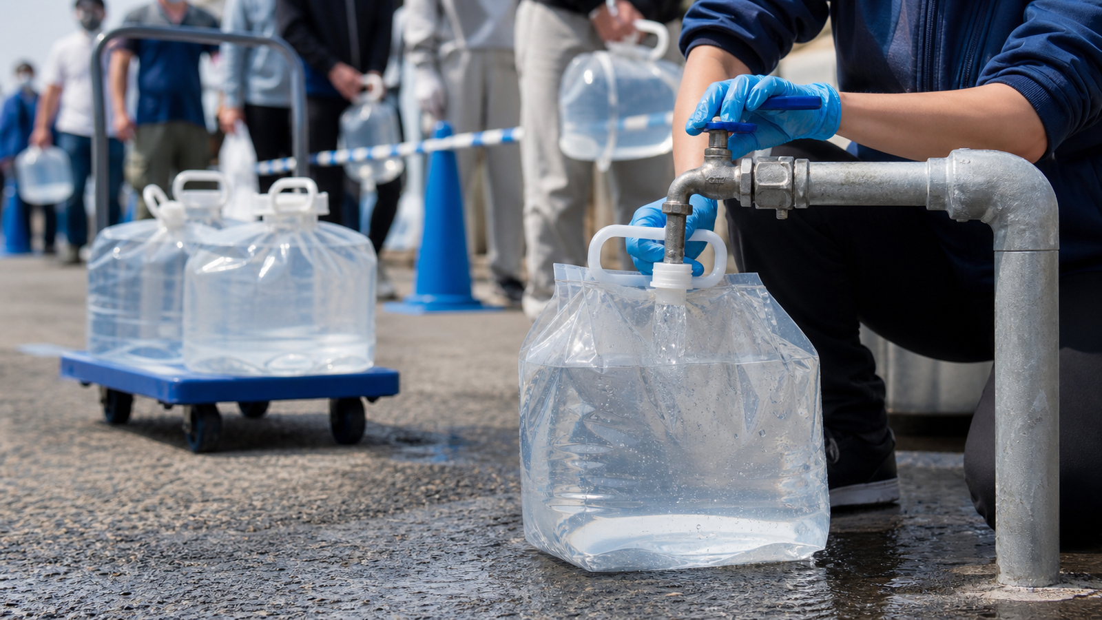 災害時給水ステーションで住民が水を受け取る様子