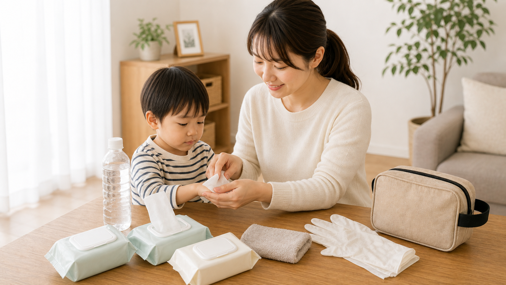 災害時にウェットティッシュで子どもの手を拭く様子