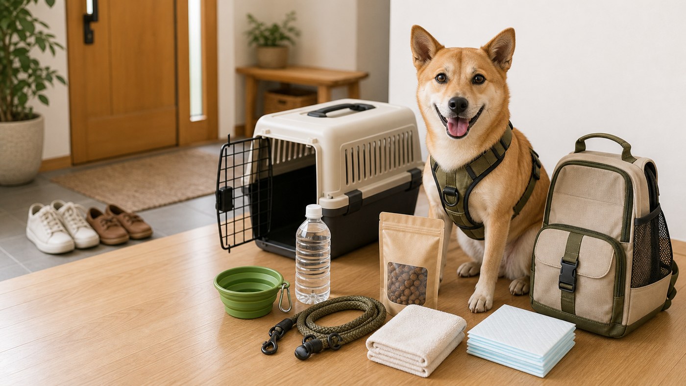 玄関で犬用避難バッグとクレートを準備するイメージ