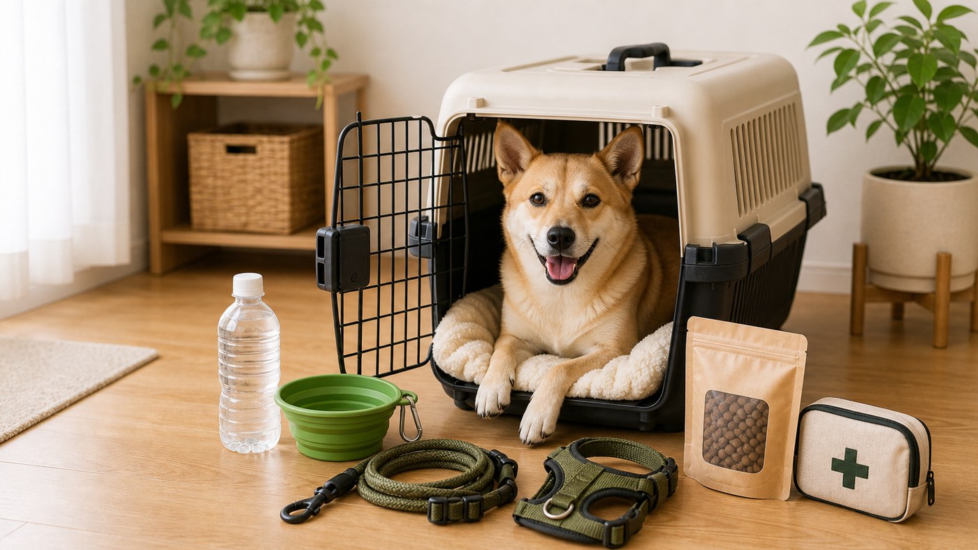 犬がクレートで落ち着いて避難に備えるイメージ