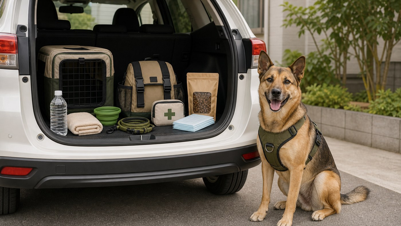 車避難に備えて犬用防災用品を積むイメージ