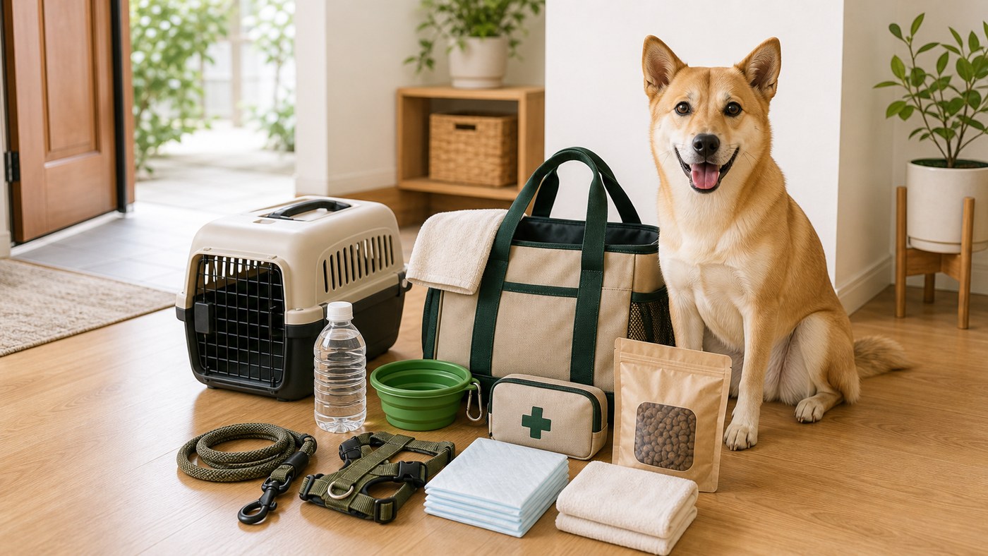 犬の避難持ち物と防災バッグを準備するイメージ