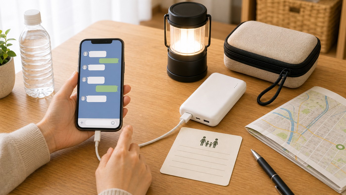 災害時にスマホで家族へ安否連絡を送るイメージ