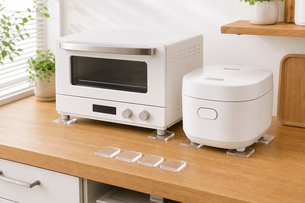 キッチン家電の足元に耐震ジェルマットを設置しているイメージ
