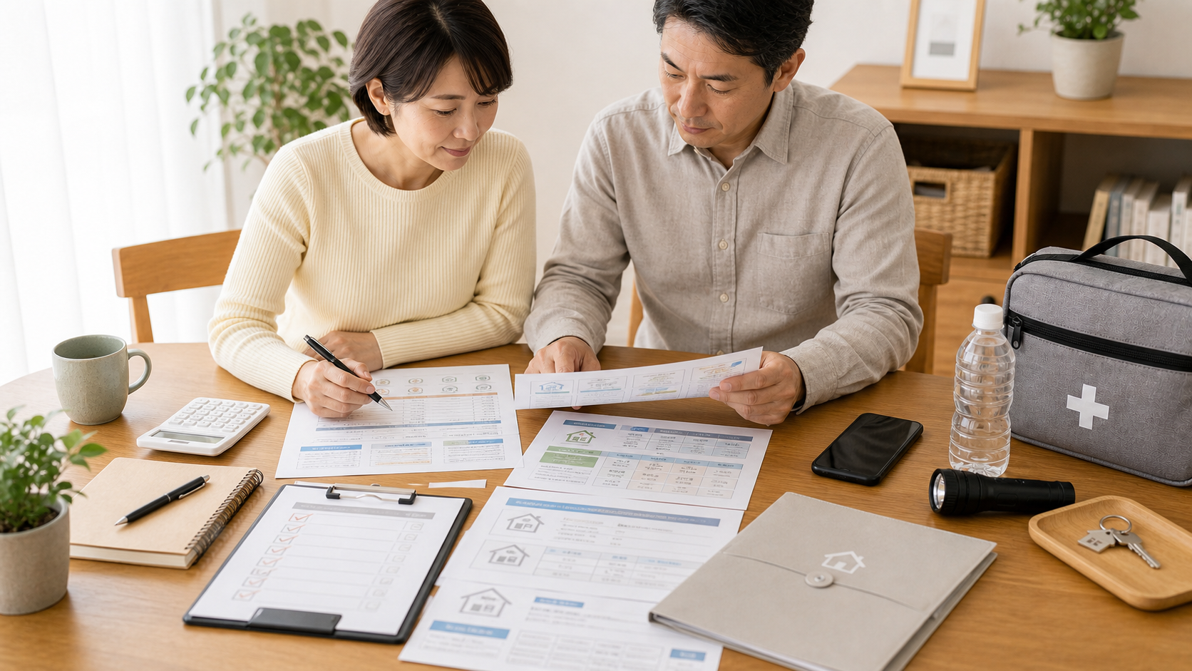 地震保険の比較資料や請求書類を整理している様子