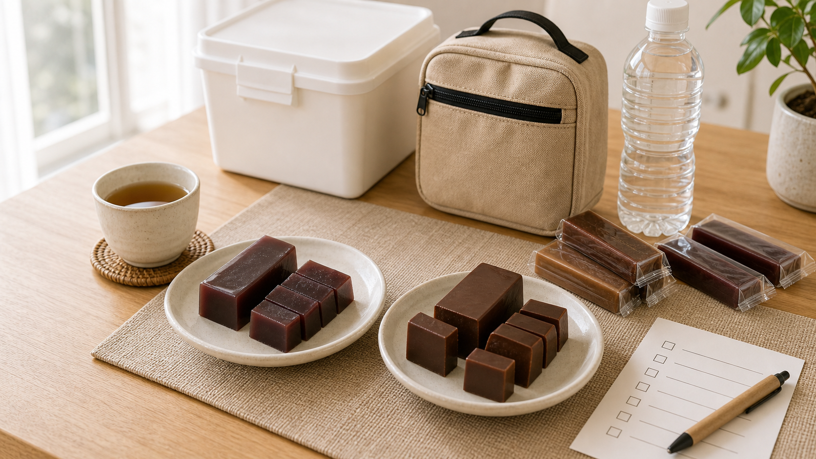 通常味とチョコ味の備蓄用ようかんを皿に並べて試食比較する様子