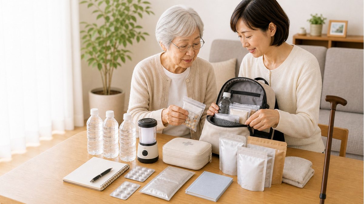 高齢者と家族が避難持ち物と防災バッグを確認している様子