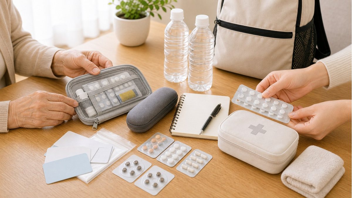 高齢者の避難に必要な薬や医療情報を整理している様子