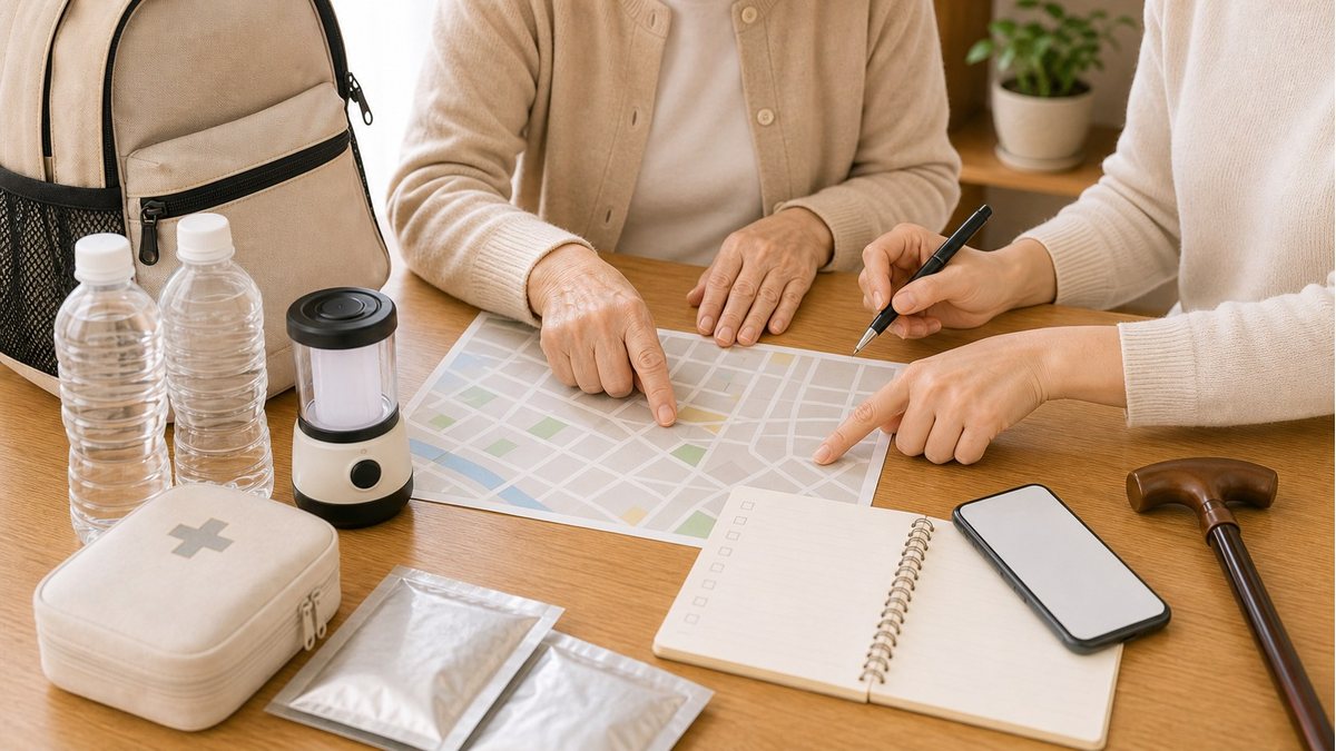 高齢者と家族が避難経路や連絡ルールを確認している様子