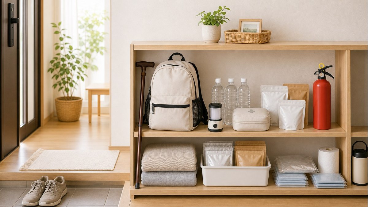 高齢者が使いやすい場所に防災用品を備蓄している様子