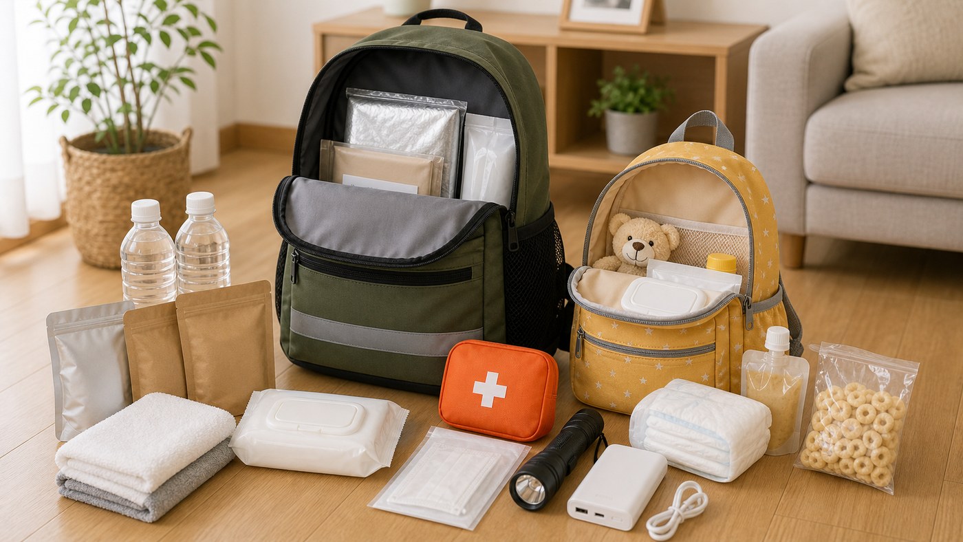 家族用の非常持ち出し袋を準備しているイメージ