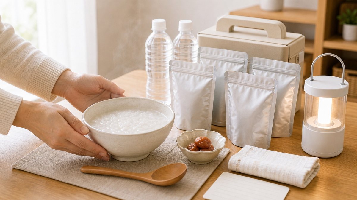温かい非常用おかゆを食べやすく用意している様子