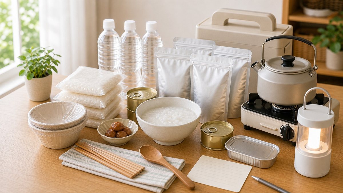 非常用おかゆと食器やライトをまとめて備えている様子