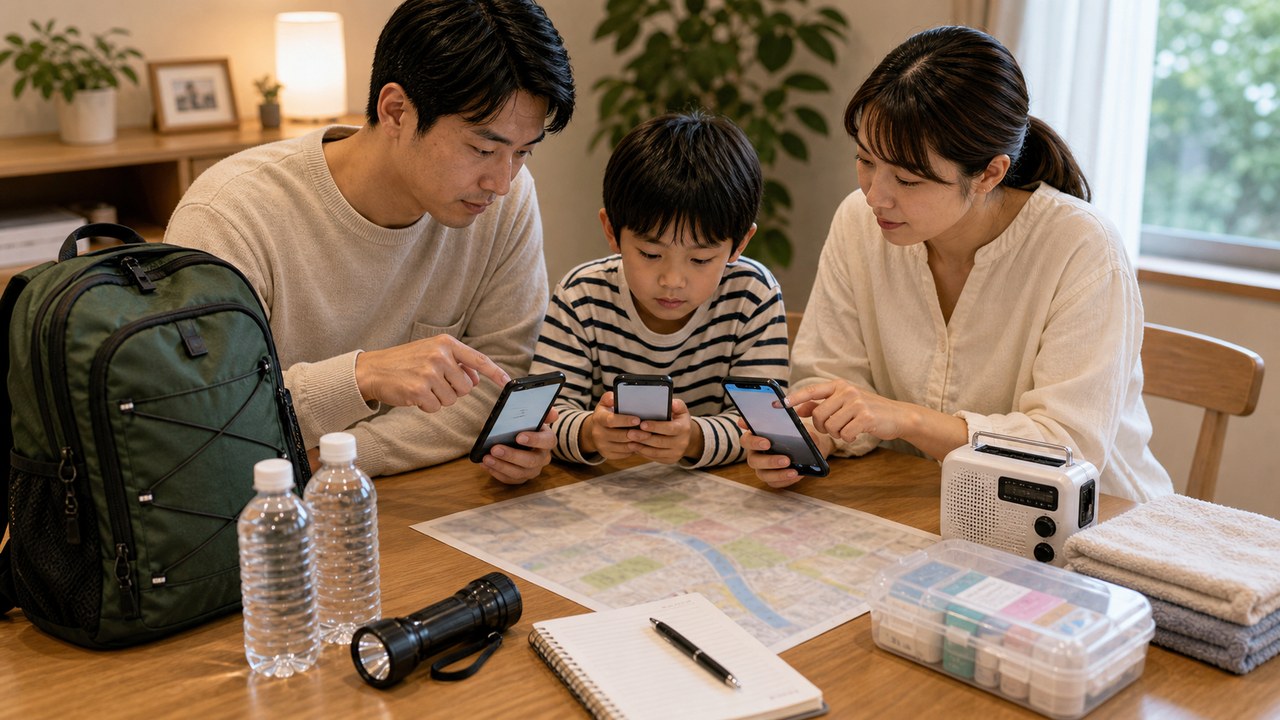 家族防災会議と災害アプリ確認のイメージ