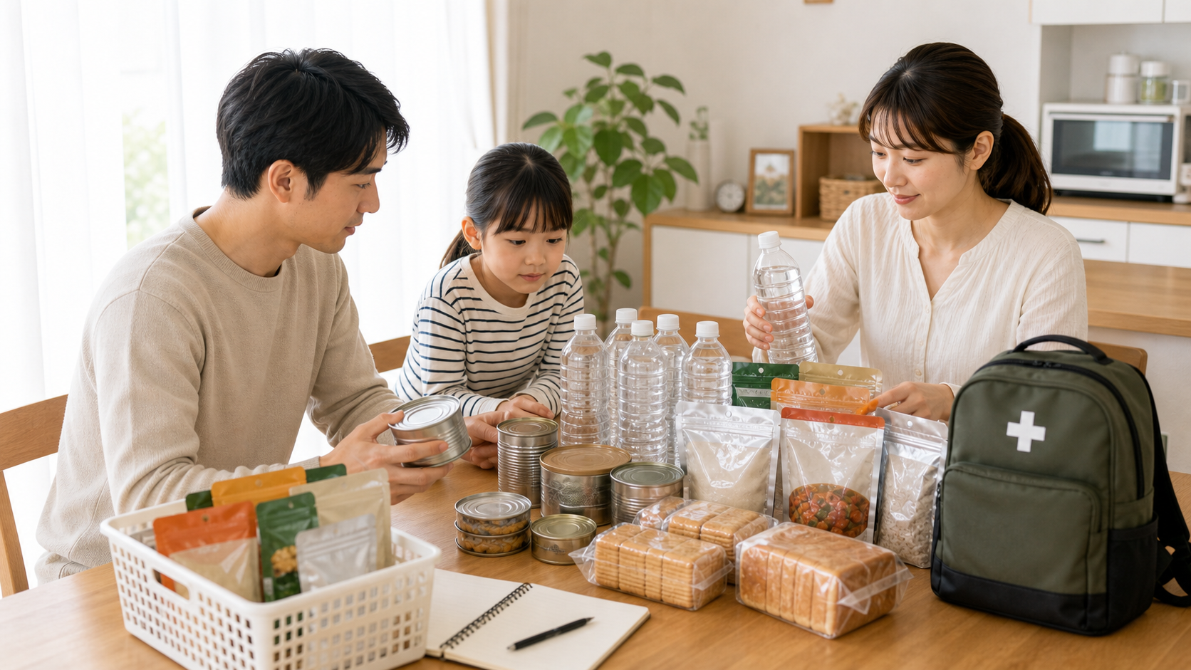 家族で食料備蓄を確認している様子