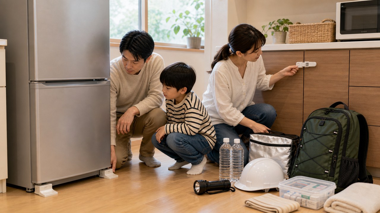 冷蔵庫と家具の転倒防止グッズ設置イメージ