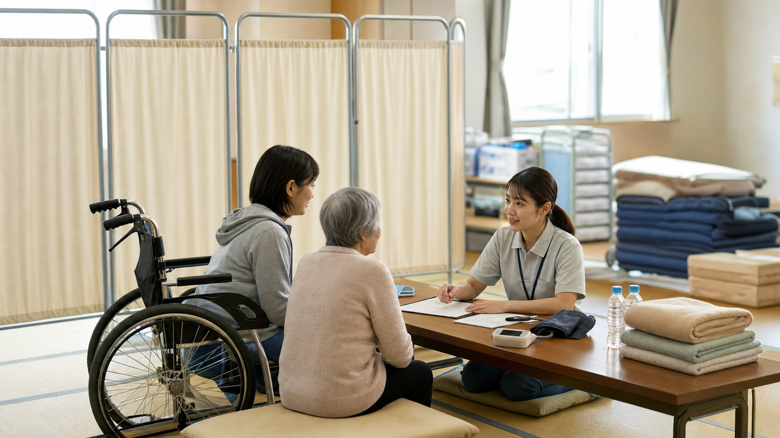 福祉避難所で高齢者や家族を支援するイメージ