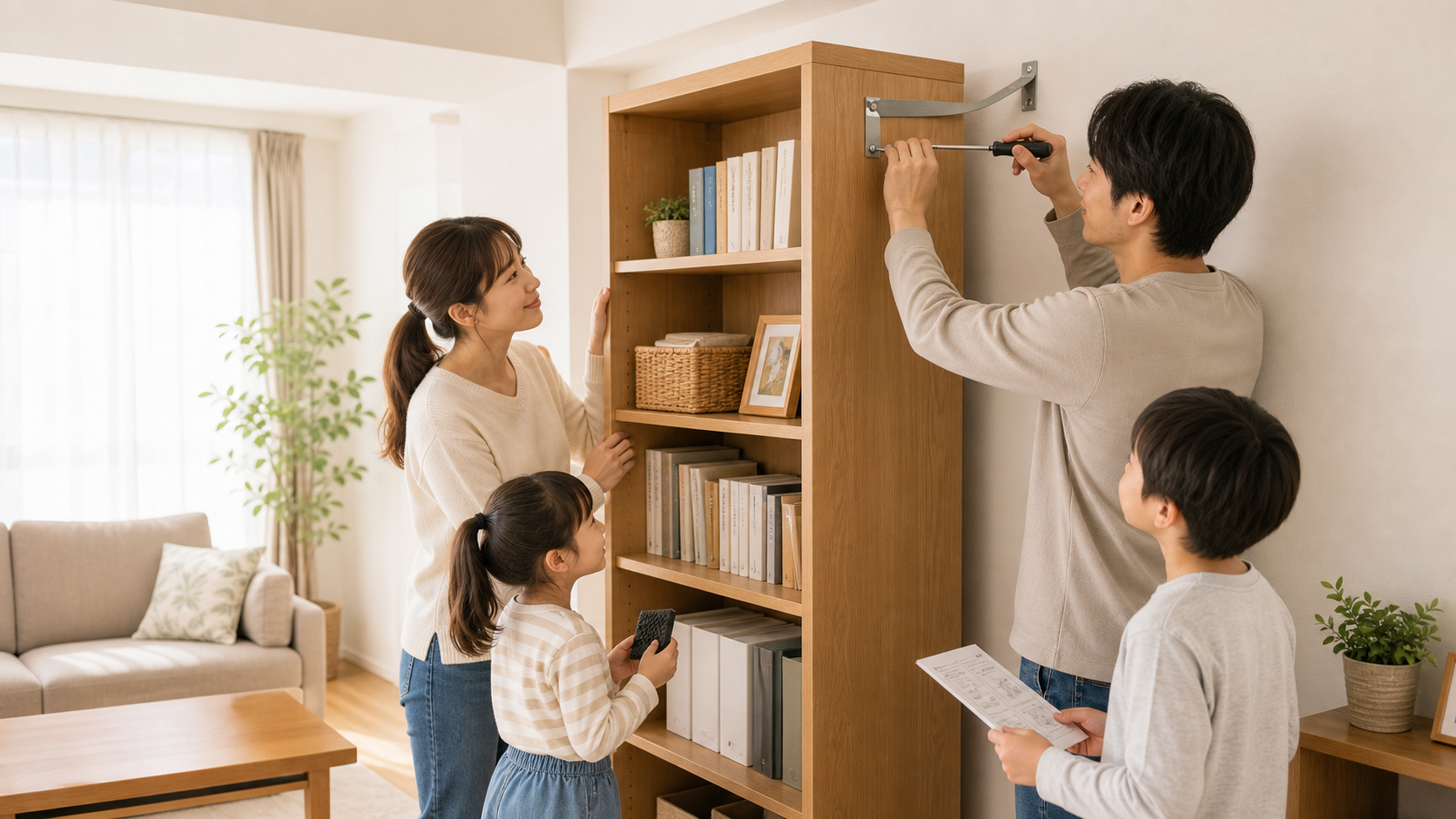 家族で家具の転倒防止対策をしている様子