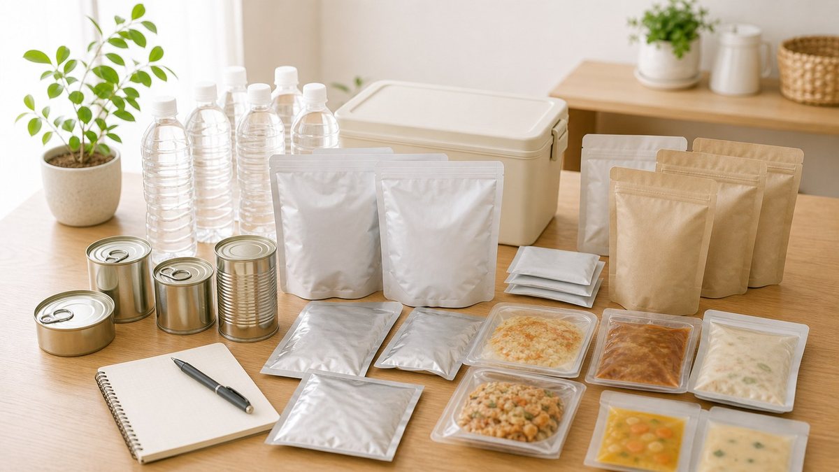 防災食や保存食を家庭備蓄用に整理している様子