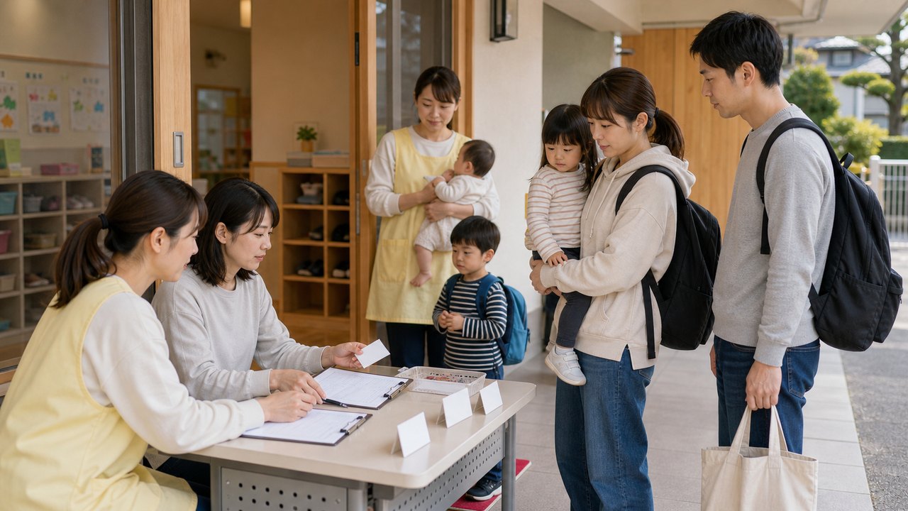 保育園の引き渡し訓練と防災準備のイメージ