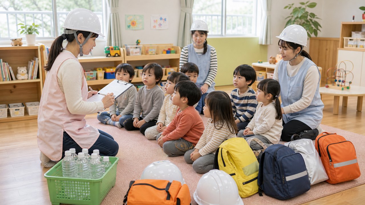 保育園の引き渡し訓練と防災準備のイメージ