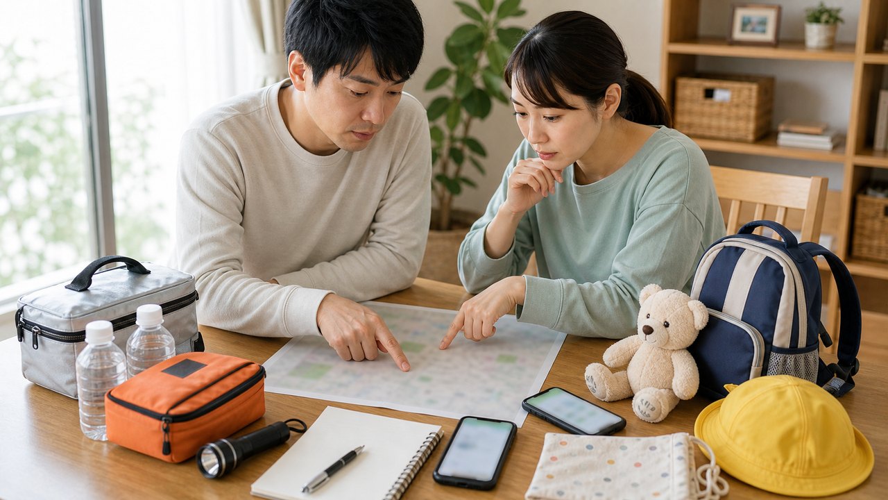 保育園の引き渡し訓練と防災準備のイメージ