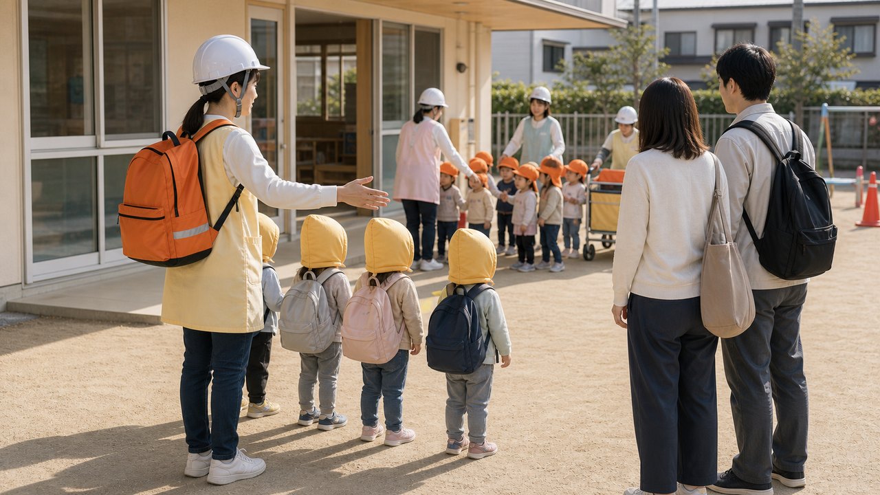 保育園の引き渡し訓練と防災準備のイメージ