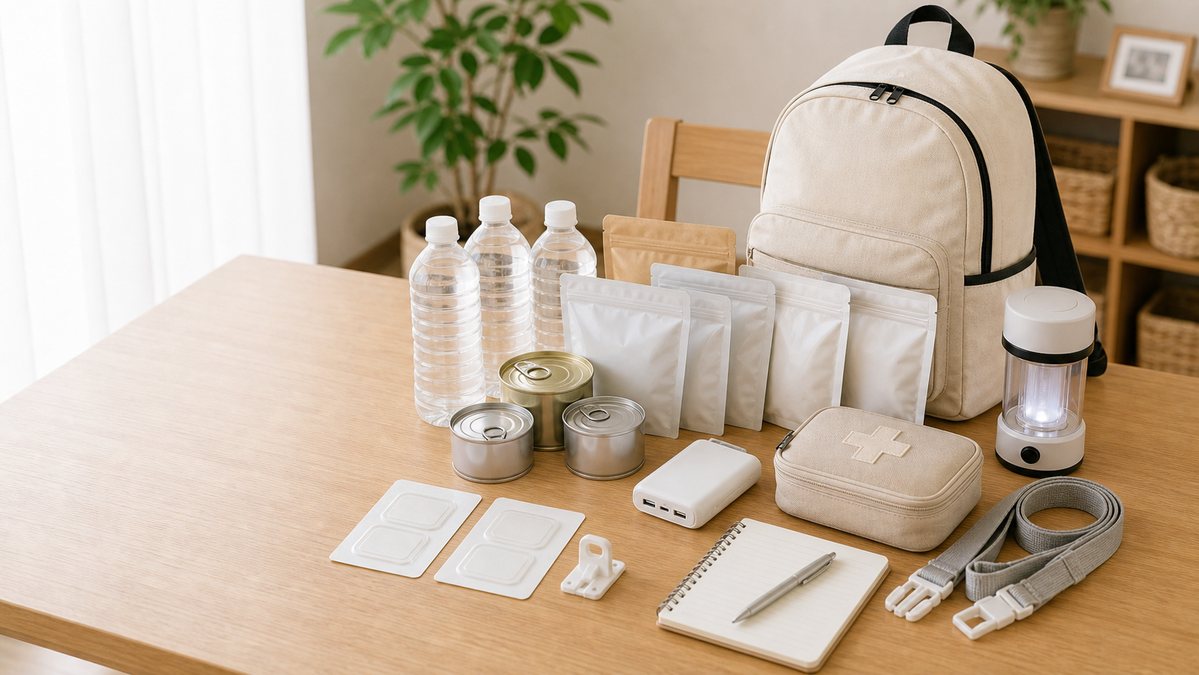 保存食やライト、転倒防止グッズなどの防災用品を並べた様子