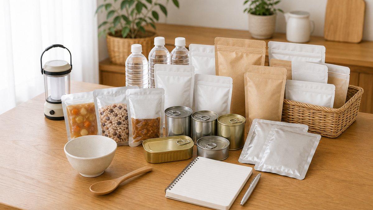 保存食と防災食、保存水を家庭で備えている様子