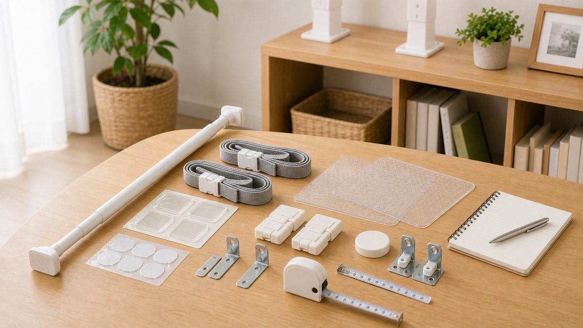 家具の転倒防止グッズを家庭で確認している様子