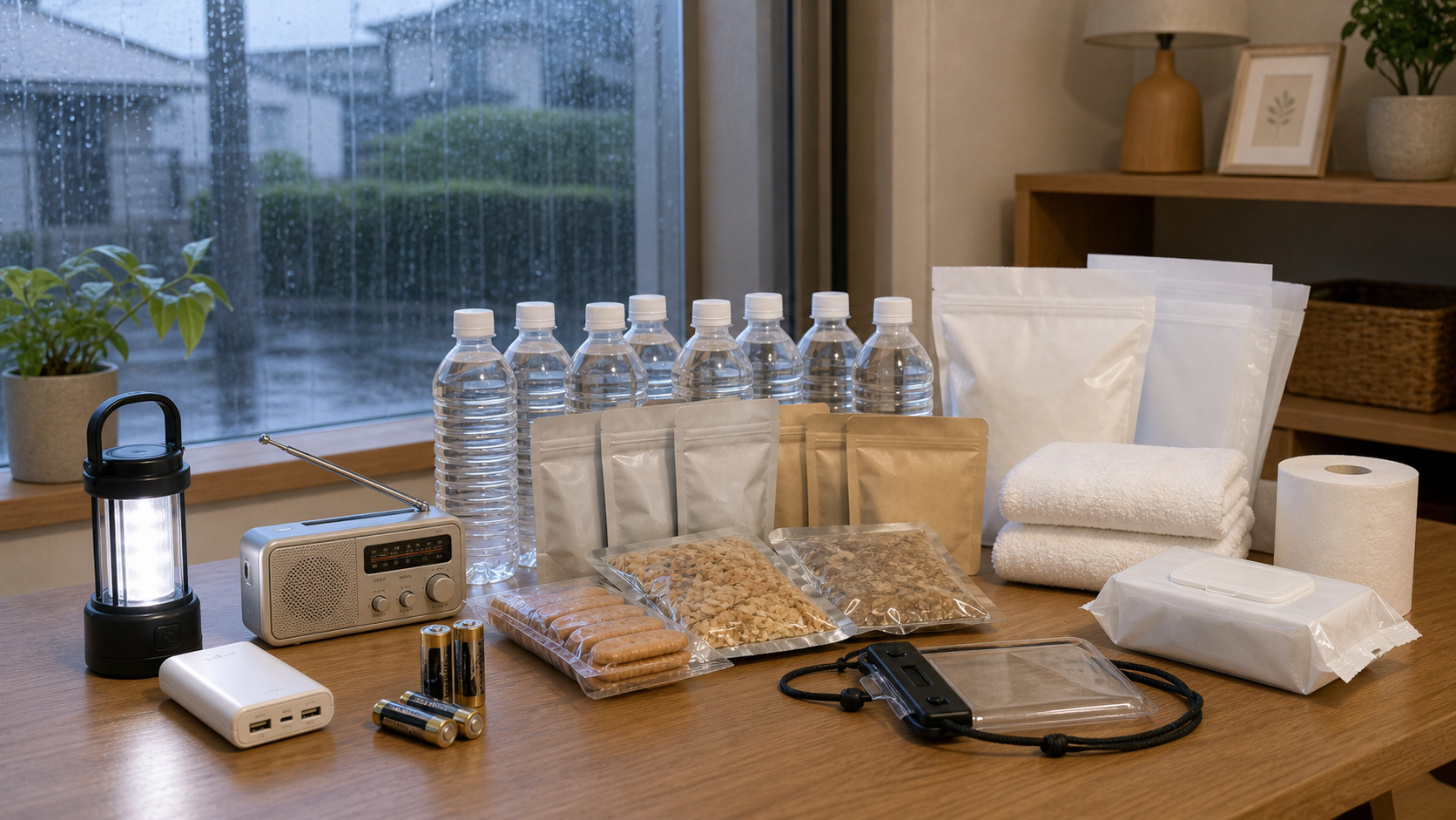 大雨時の在宅避難に備えて水や非常食やライトを準備している様子