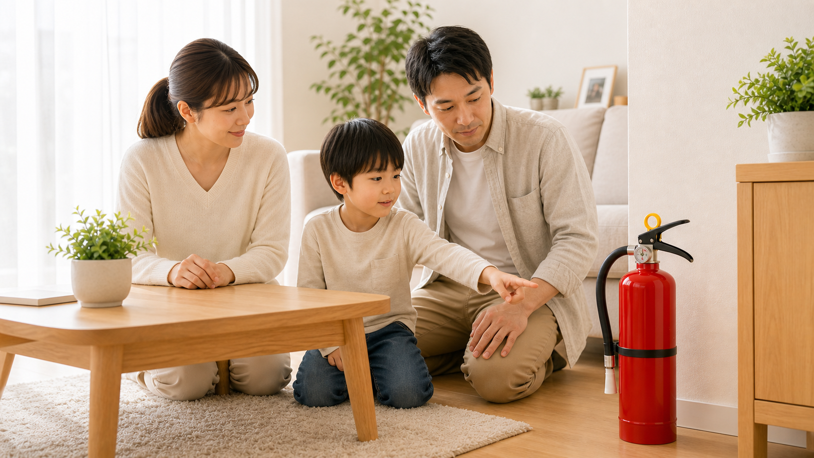 家族で家庭用消火器を確認している様子