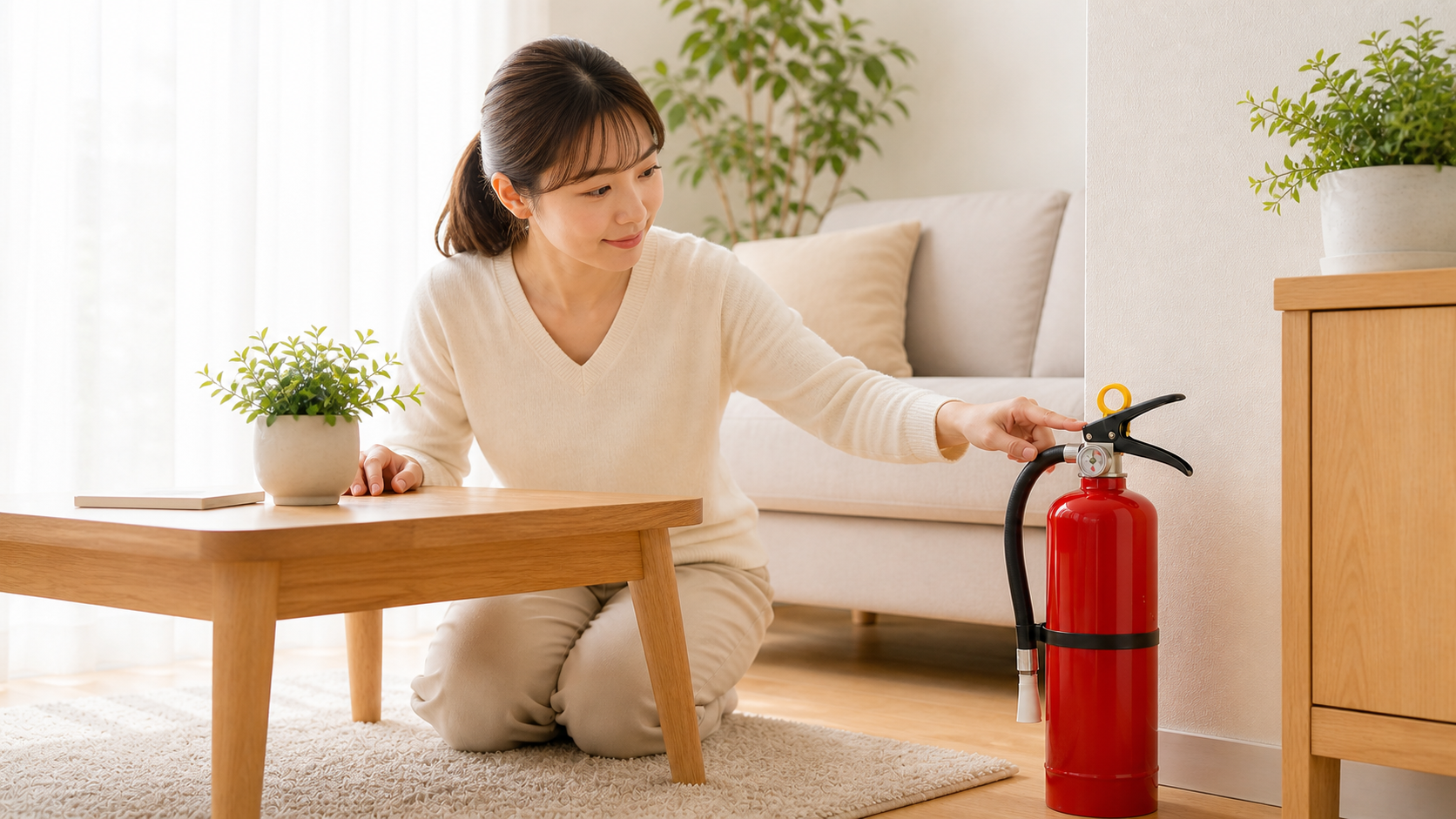 母親が家庭用消火器を確認している様子