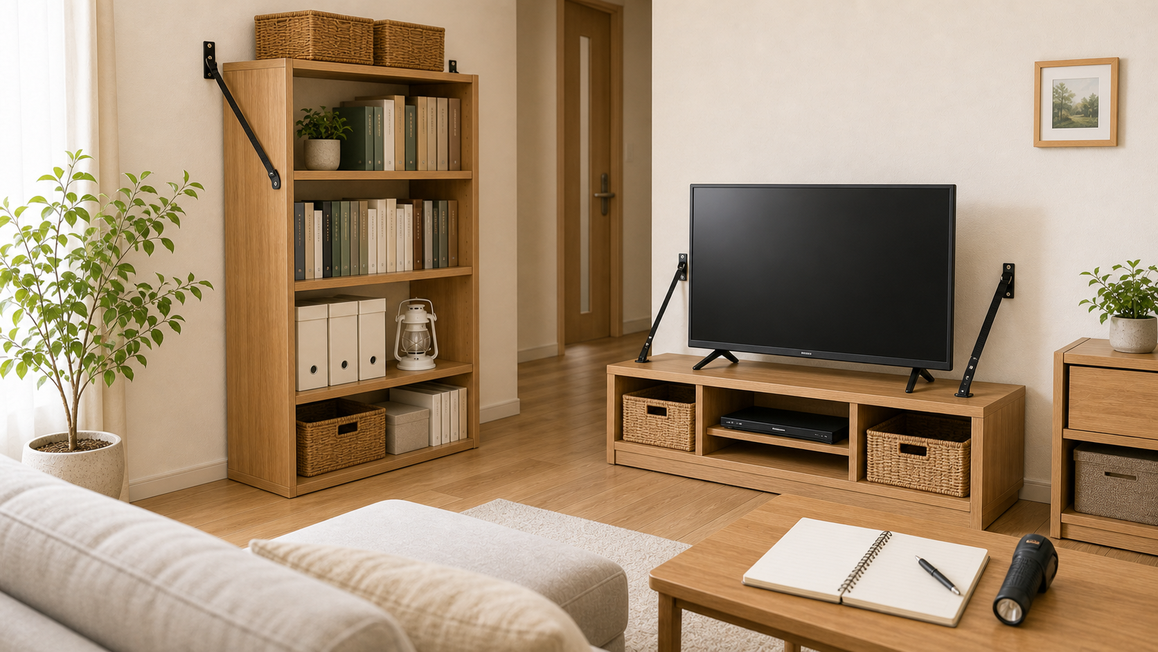 戸建てリビングで本棚やテレビを固定して避難経路を確保している様子