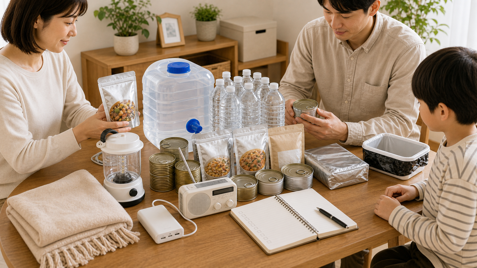 家族で在宅避難の備蓄品を確認している様子