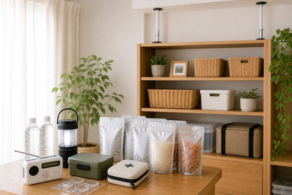 保存食や水と転倒防止された棚を組み合わせた防災用品