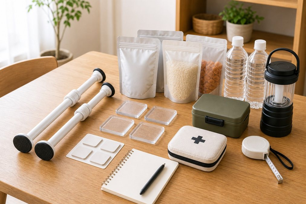転倒防止ポールや耐震マットや防災用品を比較しやすく並べた様子