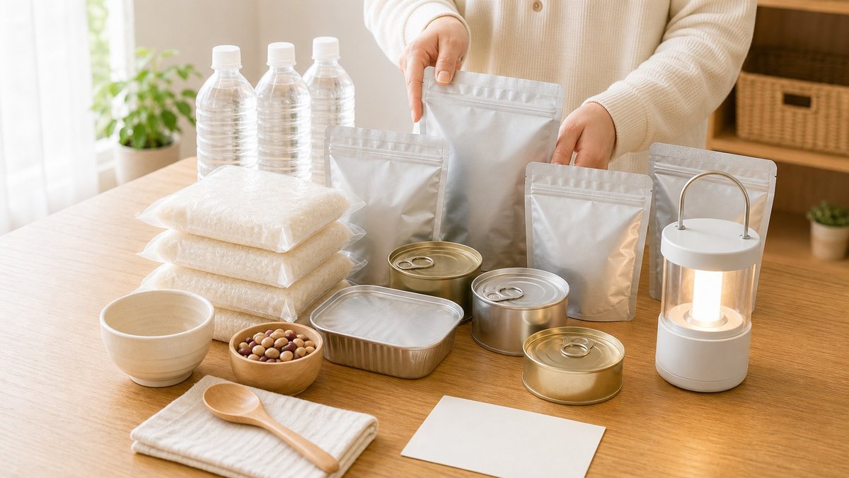 家庭で保存食や水を確認している様子