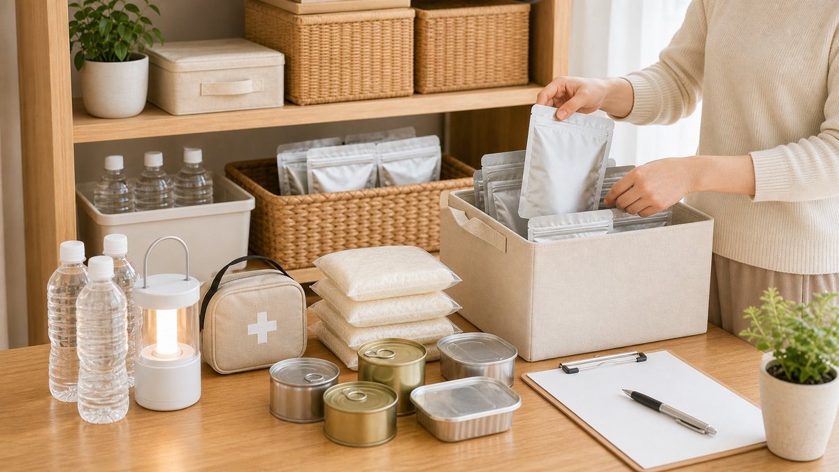 防災用の保存食を棚に整理して管理している様子