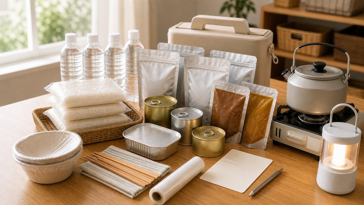 保存食と水や調理用品をまとめて備えている様子